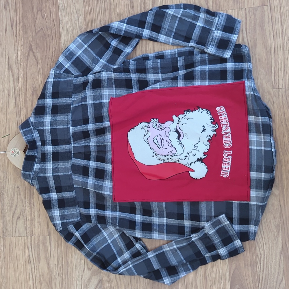 Merry Christmas Santa Flannel Shirt upcycled unisex XL